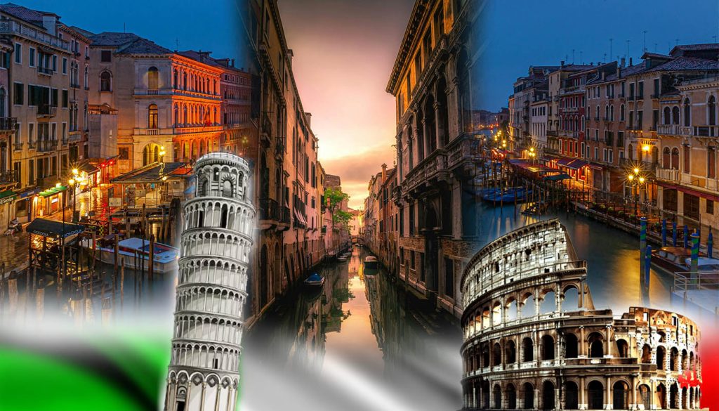 Banner publicitario con fotografías de Italia, Venecia, Roma, Coliseo Roano y la torre inclinada